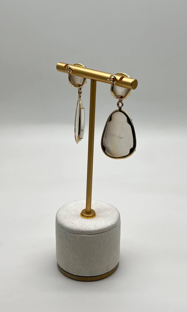 White Mother of Pearl White Diamonds Halo 14K Yellow Gold Statement Earrings