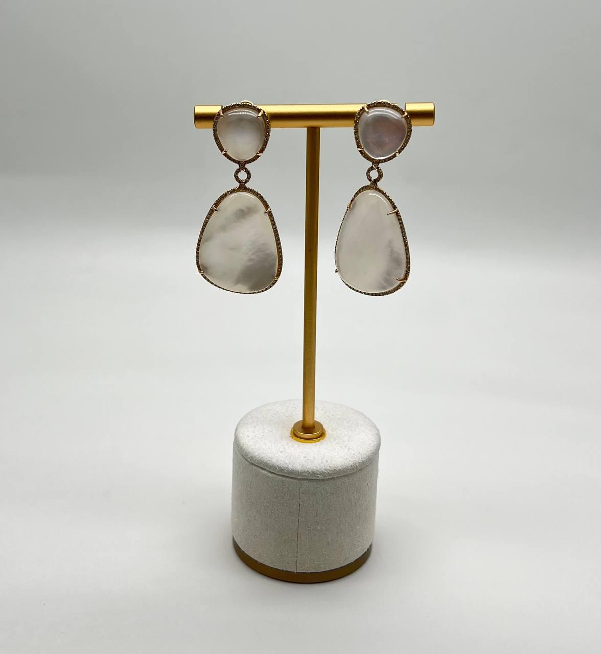 White Mother of Pearl White Diamonds Halo 14K Yellow Gold Statement Earrings