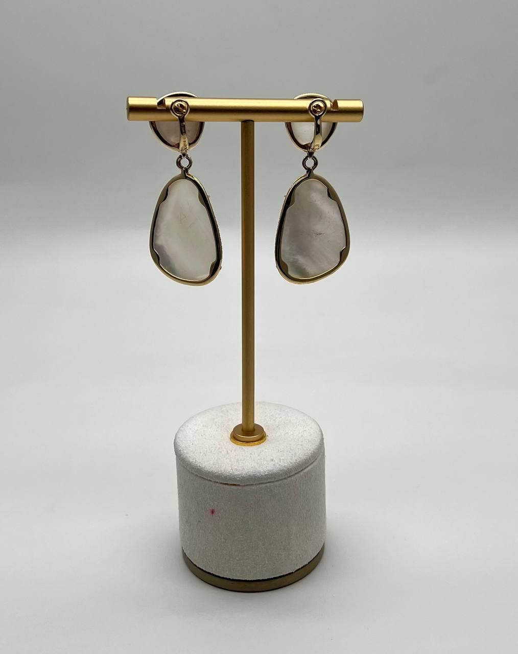 White Mother of Pearl White Diamonds Halo 14K Yellow Gold Statement Earrings