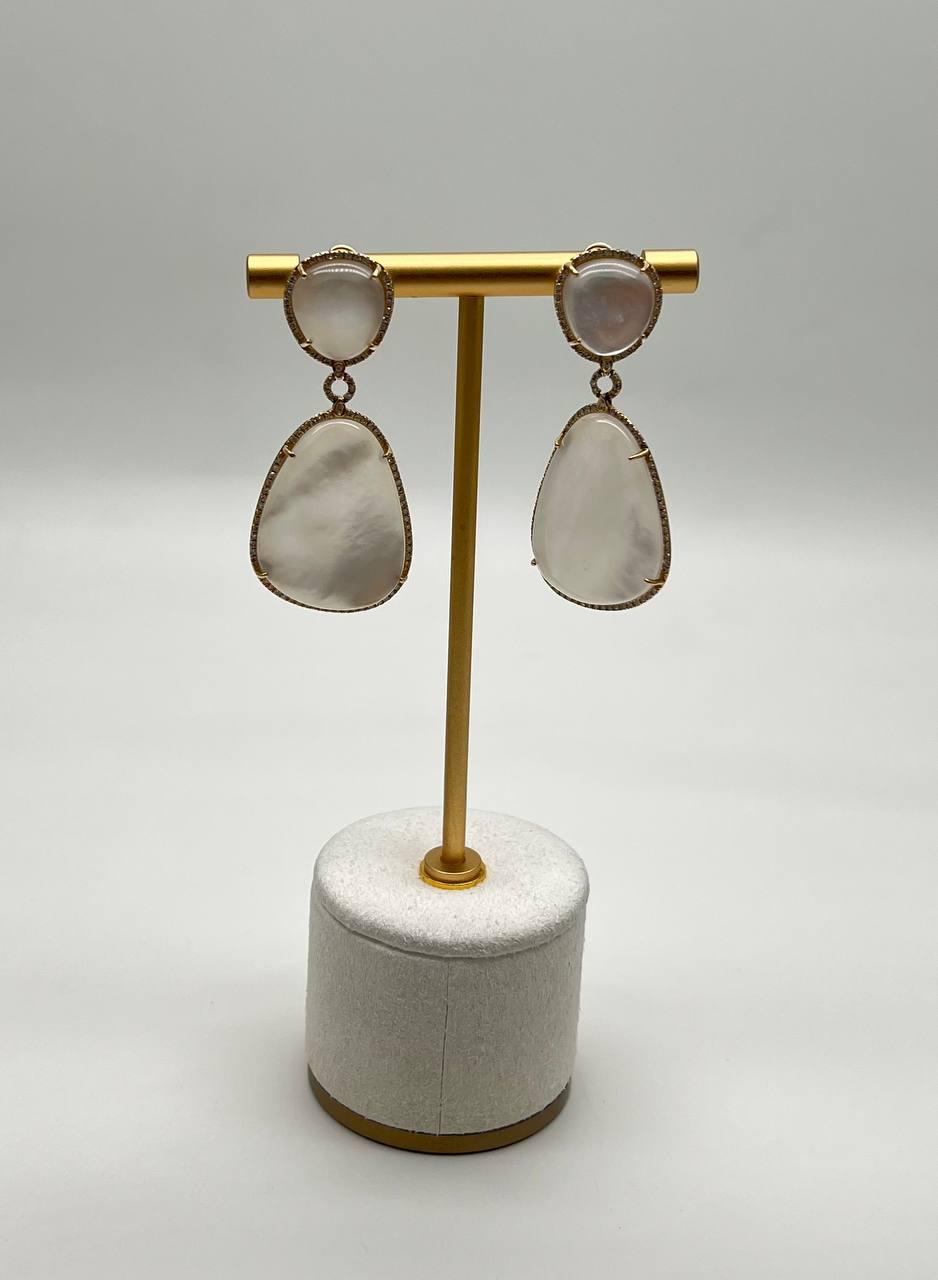 White Mother of Pearl White Diamonds Halo 14K Yellow Gold Statement Earrings