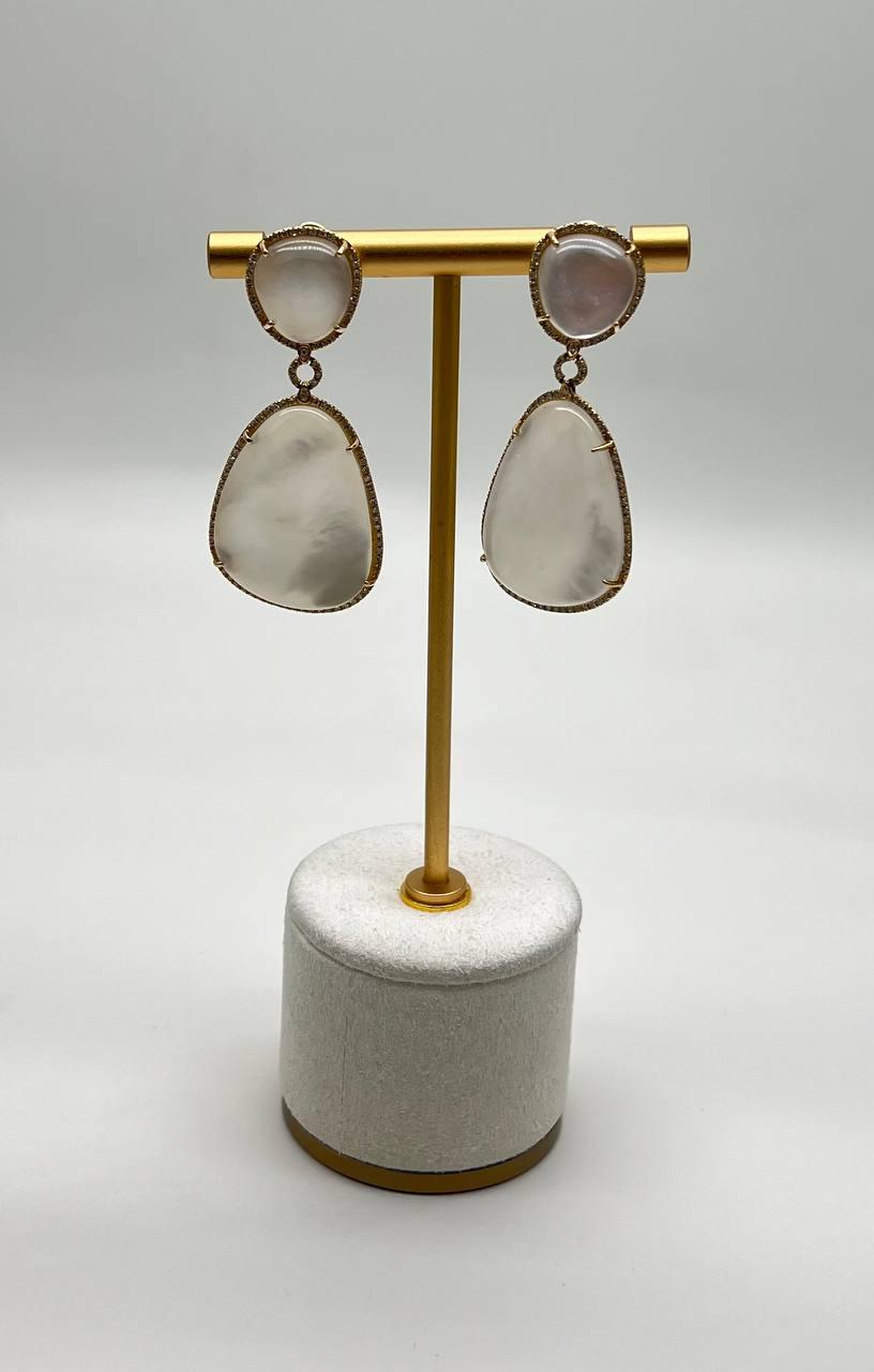 White Mother of Pearl White Diamonds Halo 14K Yellow Gold Statement Earrings