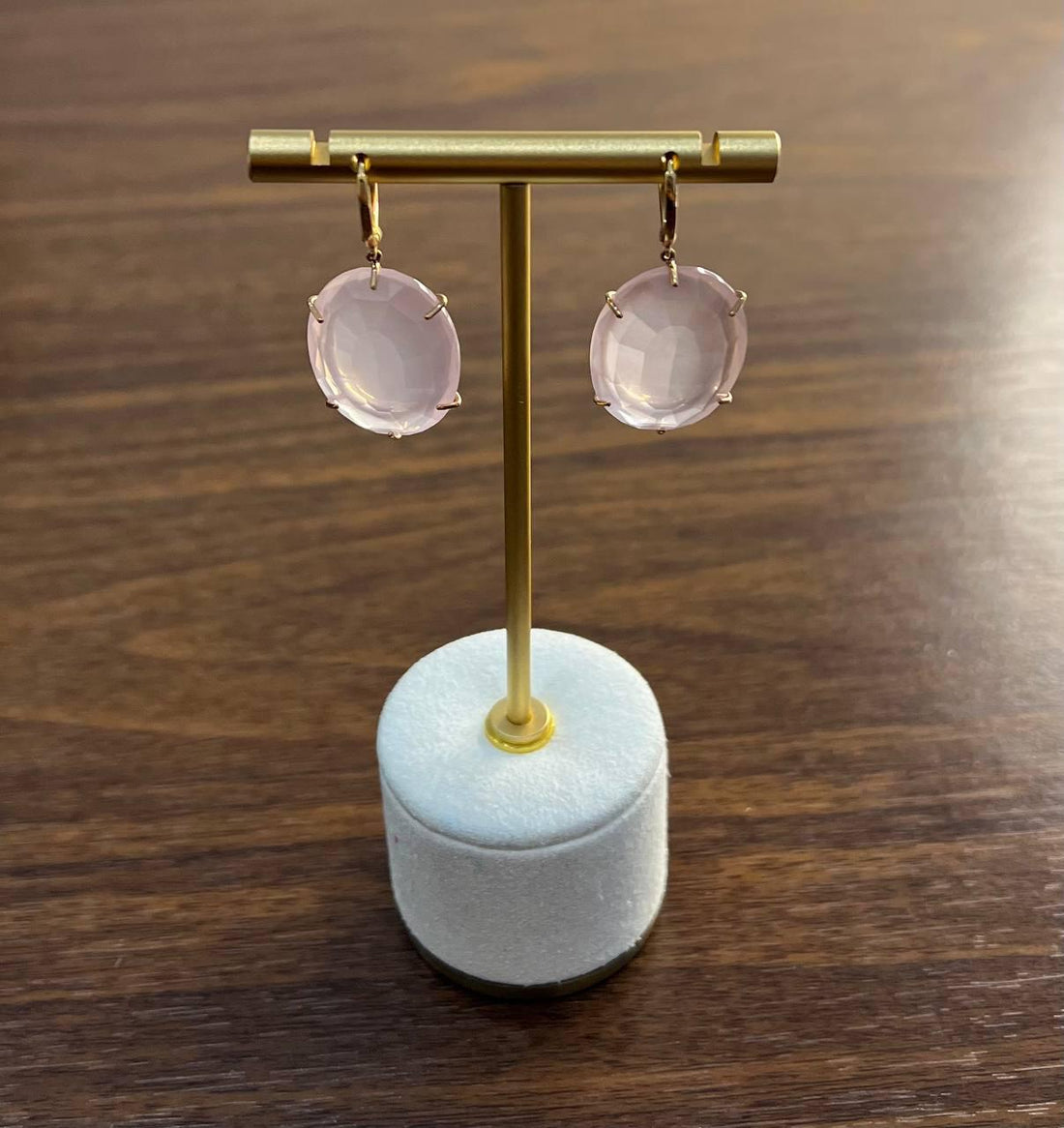 Faceted Cabochon Pink Rose Quartz Diamond Halo Frame 14K Gold Statement Earrings