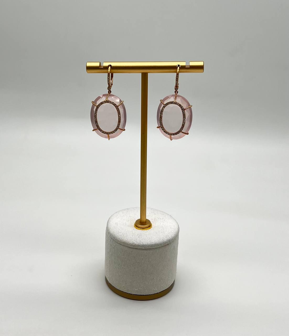 Faceted Cabochon Pink Rose Quartz Diamond Halo Frame 14K Gold Statement Earrings