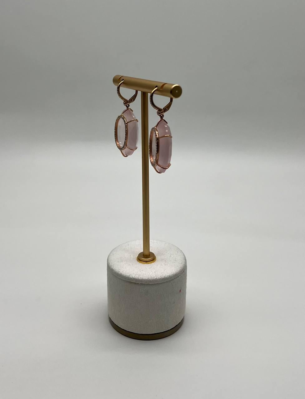 Faceted Cabochon Pink Rose Quartz Diamond Halo Frame 14K Gold Statement Earrings