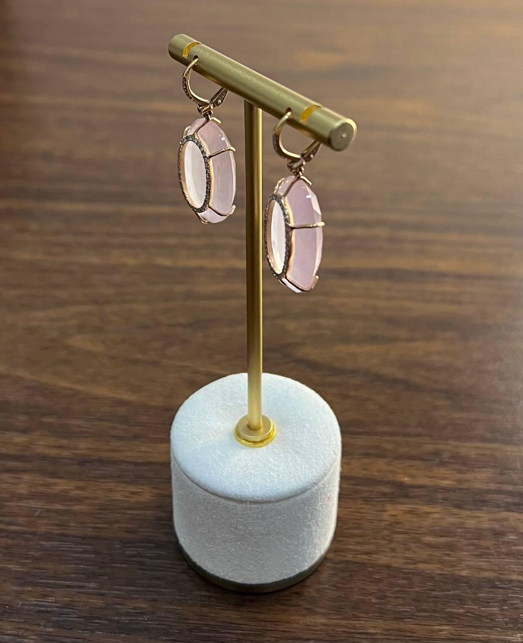 Faceted Cabochon Pink Rose Quartz Diamond Halo Frame 14K Gold Statement Earrings