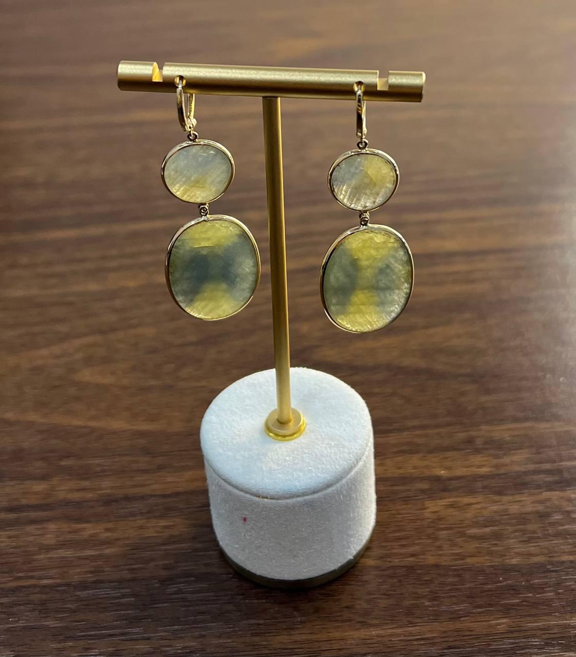 Milky Earth Yellow Rutilated Quartz Diamonds Halo 14K Gold Statement Earrings