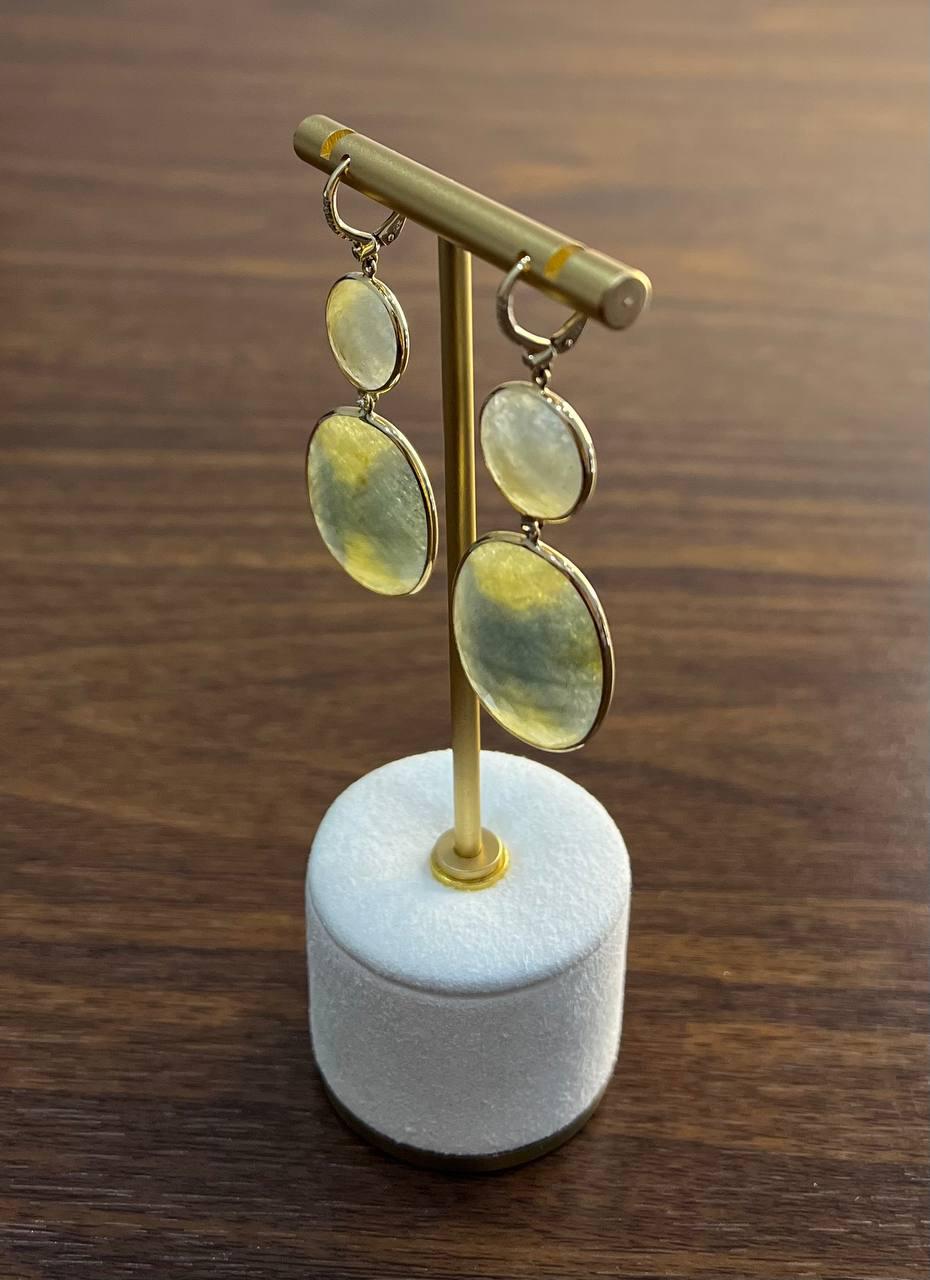 Milky Earth Yellow Rutilated Quartz Diamonds Halo 14K Gold Statement Earrings