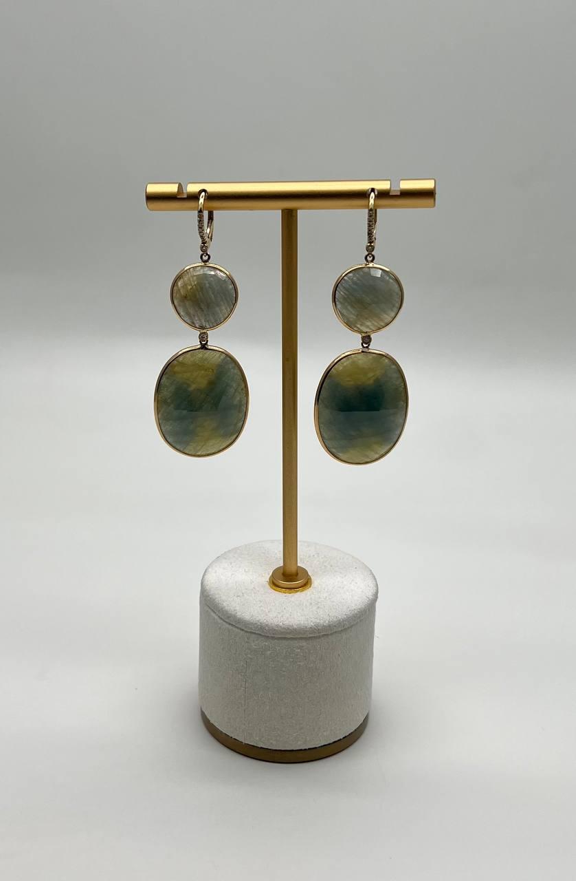 Milky Earth Yellow Rutilated Quartz Diamonds Halo 14K Gold Statement Earrings