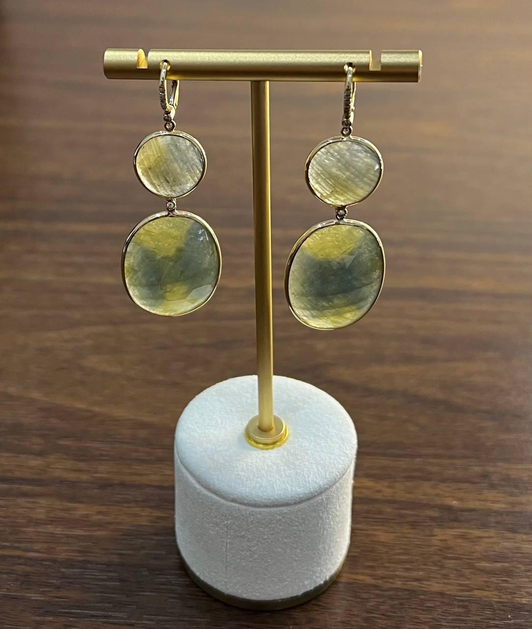 Milky Earth Yellow Rutilated Quartz Diamonds Halo 14K Gold Statement Earrings