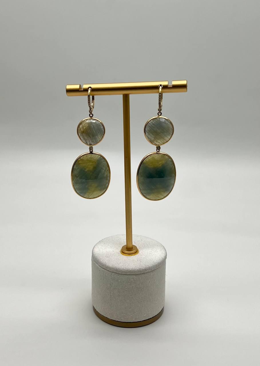 Milky Earth Yellow Rutilated Quartz Diamonds Halo 14K Gold Statement Earrings
