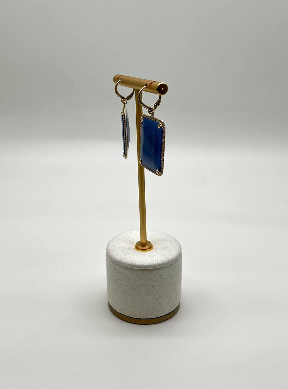 Rectangle Faceted Cabochon Blue Sapphire Diamond Halo 14K Gold Dangling Earrings