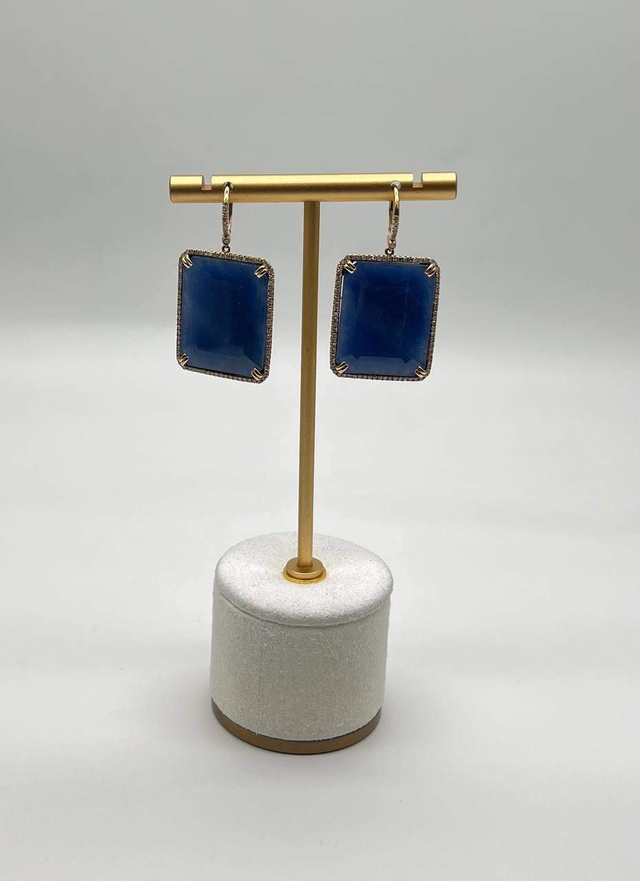 Rectangle Faceted Cabochon Blue Sapphire Diamond Halo 14K Gold Dangling Earrings