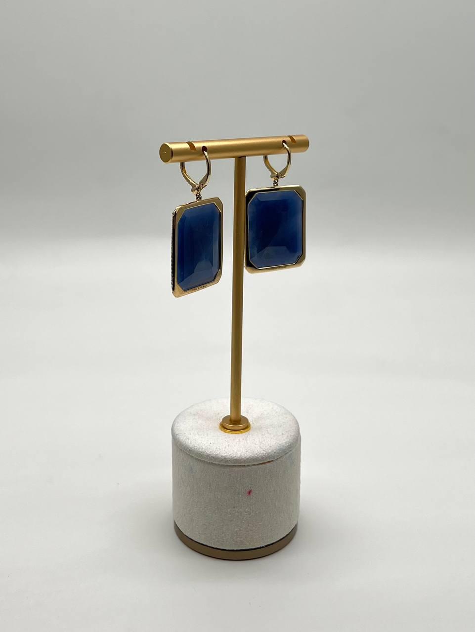 Rectangle Faceted Cabochon Blue Sapphire Diamond Halo 14K Gold Dangling Earrings