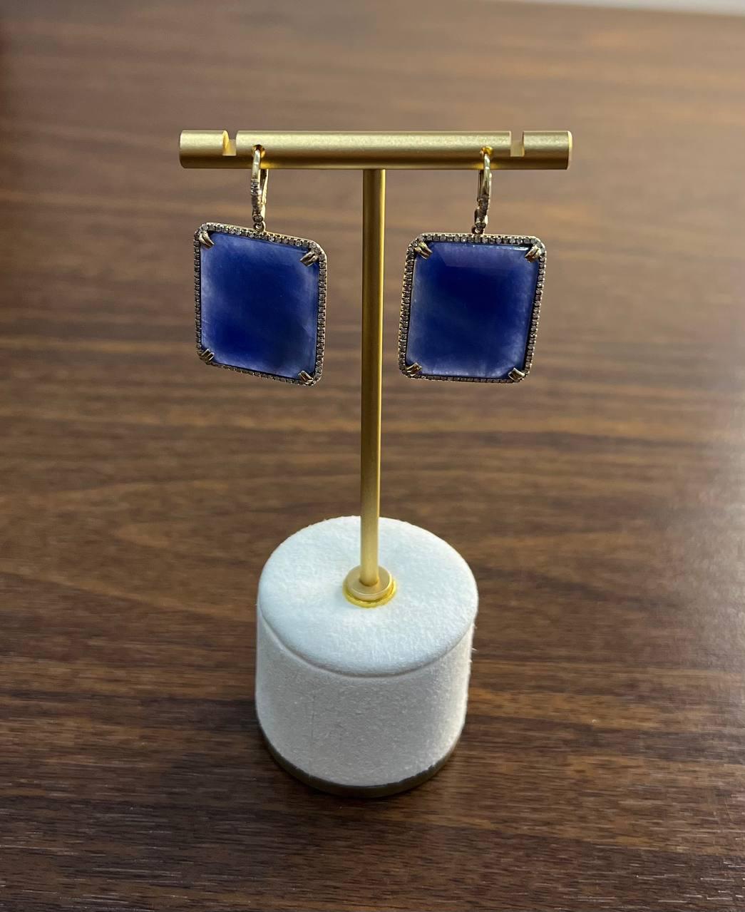 Rectangle Faceted Cabochon Blue Sapphire Diamond Halo 14K Gold Dangling Earrings