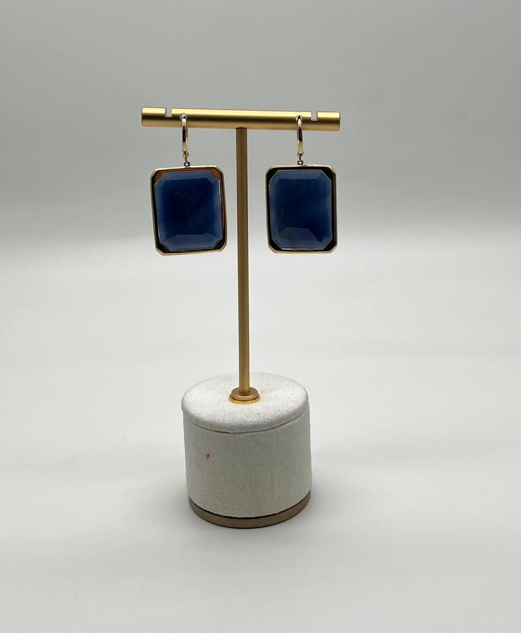 Rectangle Faceted Cabochon Blue Sapphire Diamond Halo 14K Gold Dangling Earrings