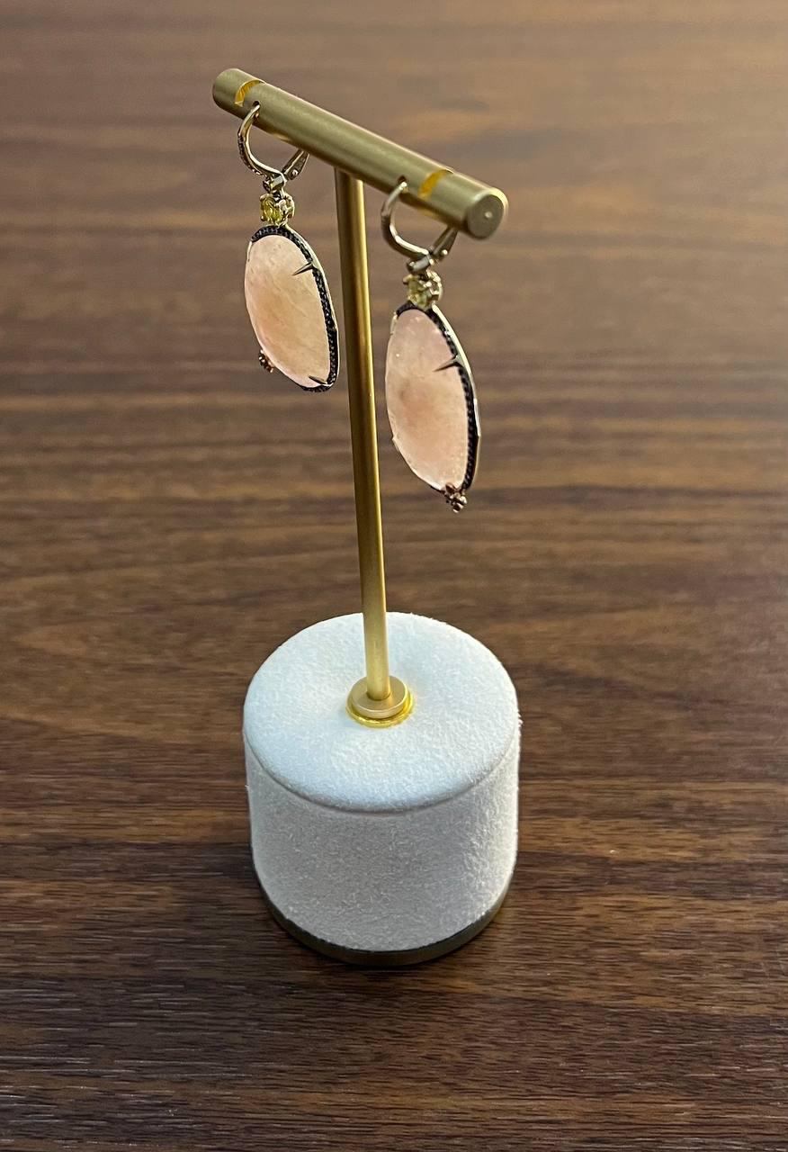 Faceted Cabochon Peach Rose Quartz Diamond Halo 14K Yellow Gold Drop Earrings