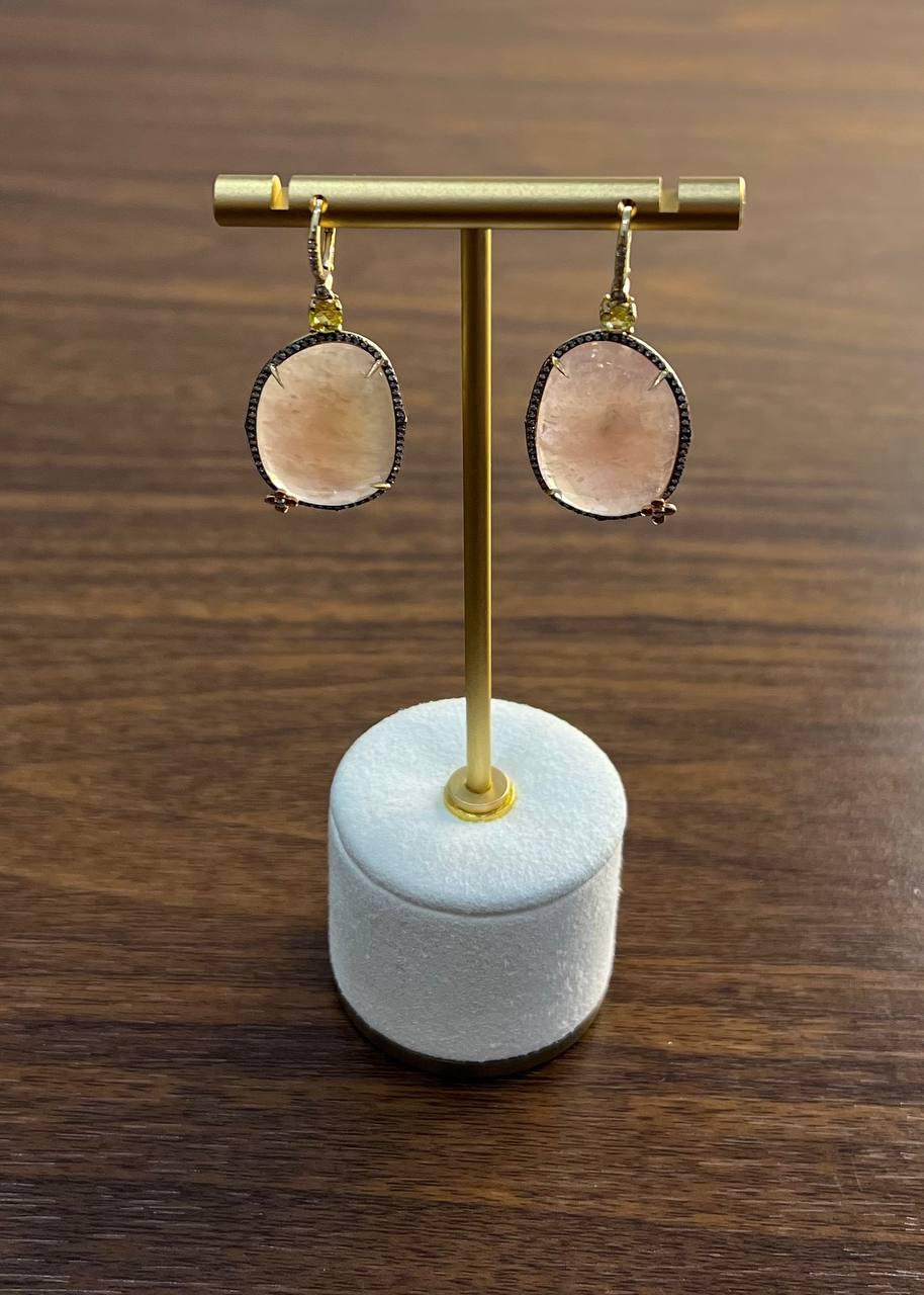 Faceted Cabochon Peach Rose Quartz Diamond Halo 14K Yellow Gold Drop Earrings