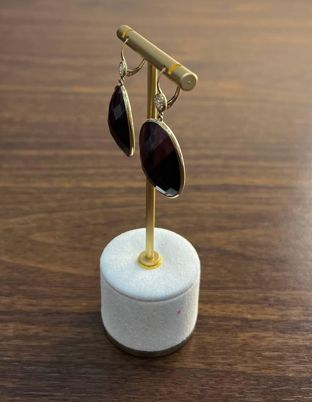 Oval Shape Faceted Brown Labradorite Diamond 14K Yellow Gold Drop Earrings