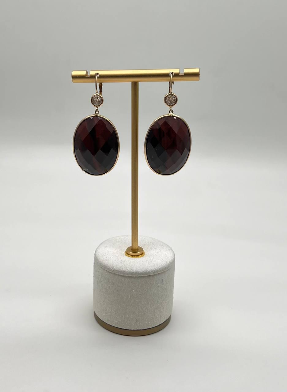 Oval Shape Faceted Brown Labradorite Diamond 14K Yellow Gold Drop Earrings