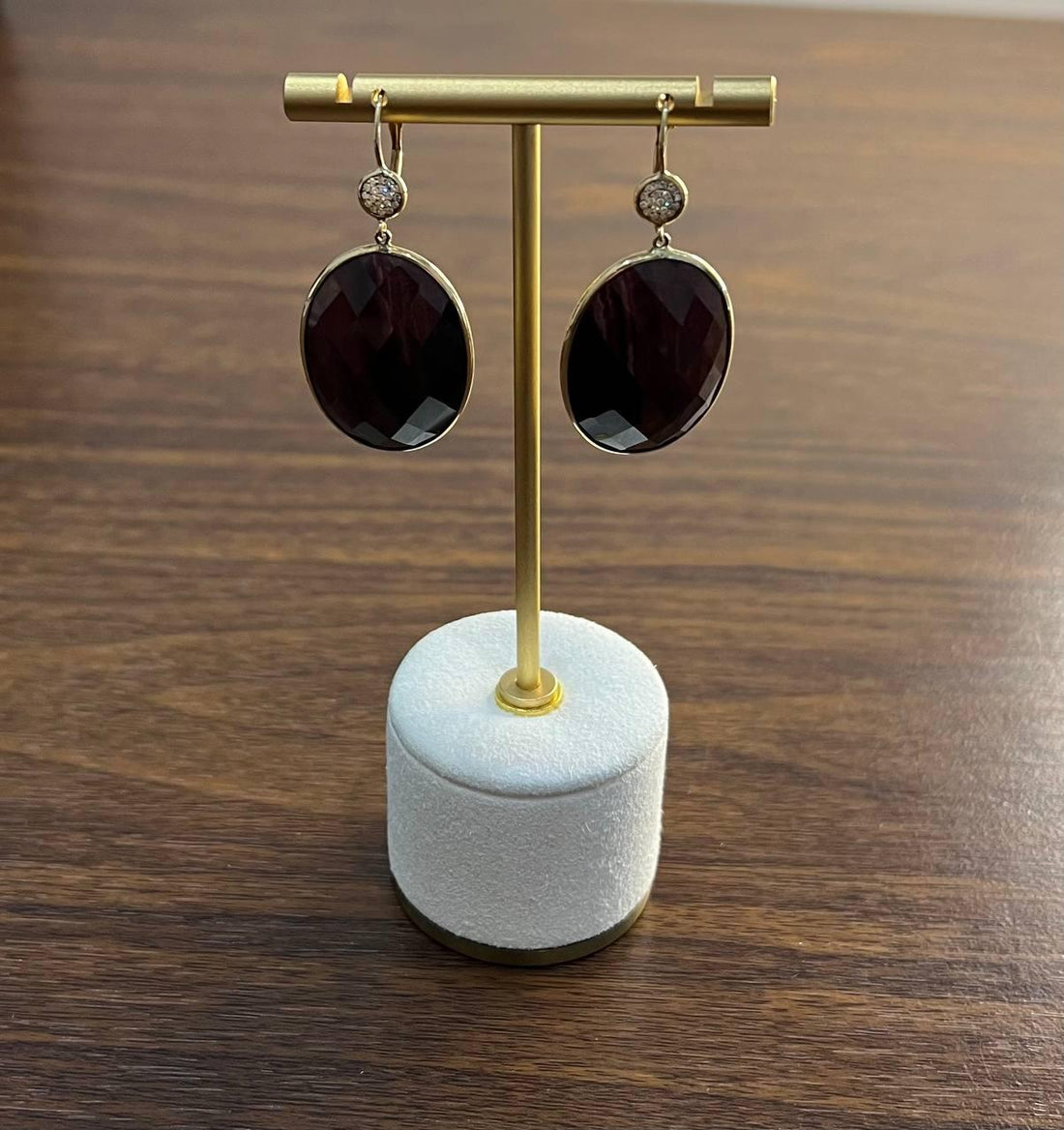 Oval Shape Faceted Brown Labradorite Diamond 14K Yellow Gold Drop Earrings