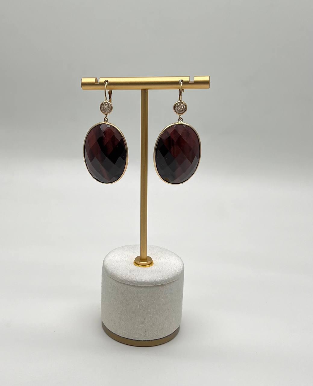 Oval Shape Faceted Brown Labradorite Diamond 14K Yellow Gold Drop Earrings