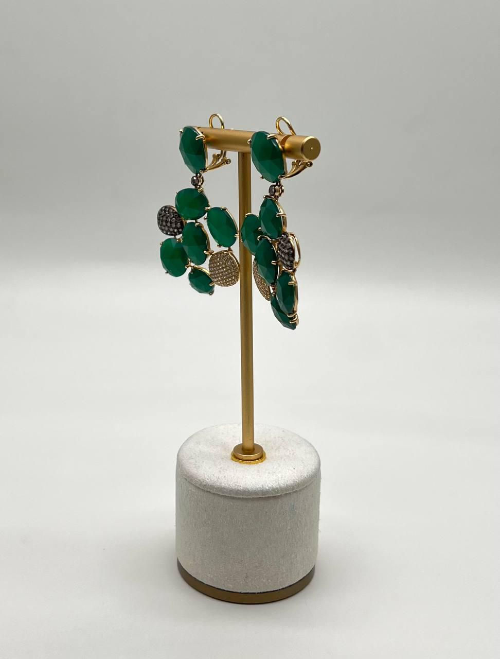 Dark Green Agate Brown Champagne Diamond Pave 14K Gold Statement Drop Earrings