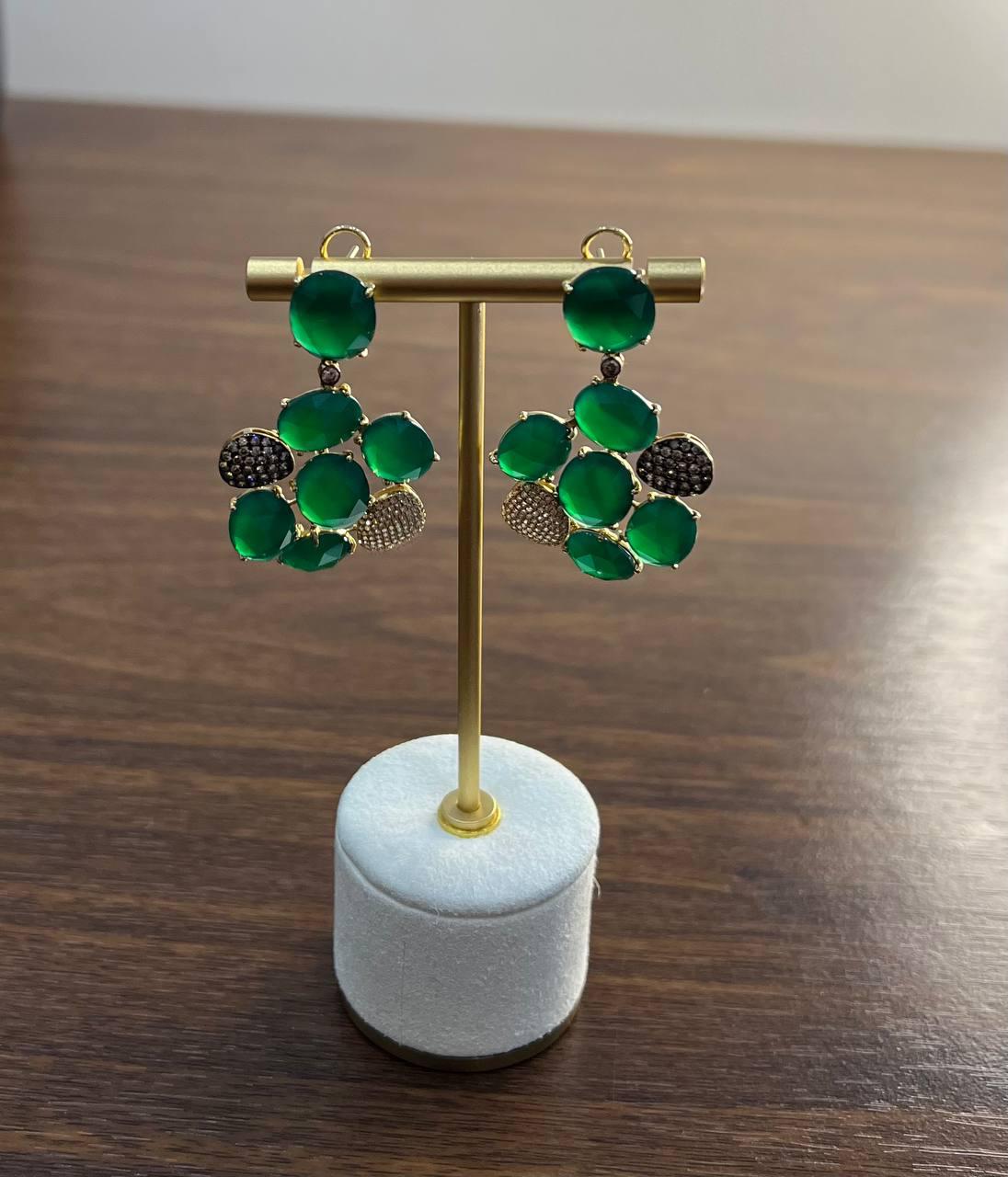 Dark Green Agate Brown Champagne Diamond Pave 14K Gold Statement Drop Earrings