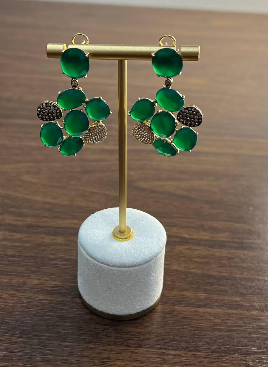 Dark Green Agate Brown Champagne Diamond Pave 14K Gold Statement Drop Earrings