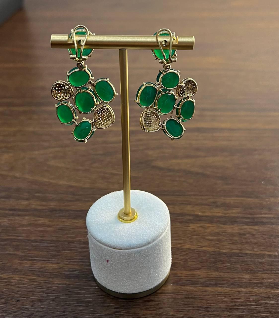 Dark Green Agate Brown Champagne Diamond Pave 14K Gold Statement Drop Earrings