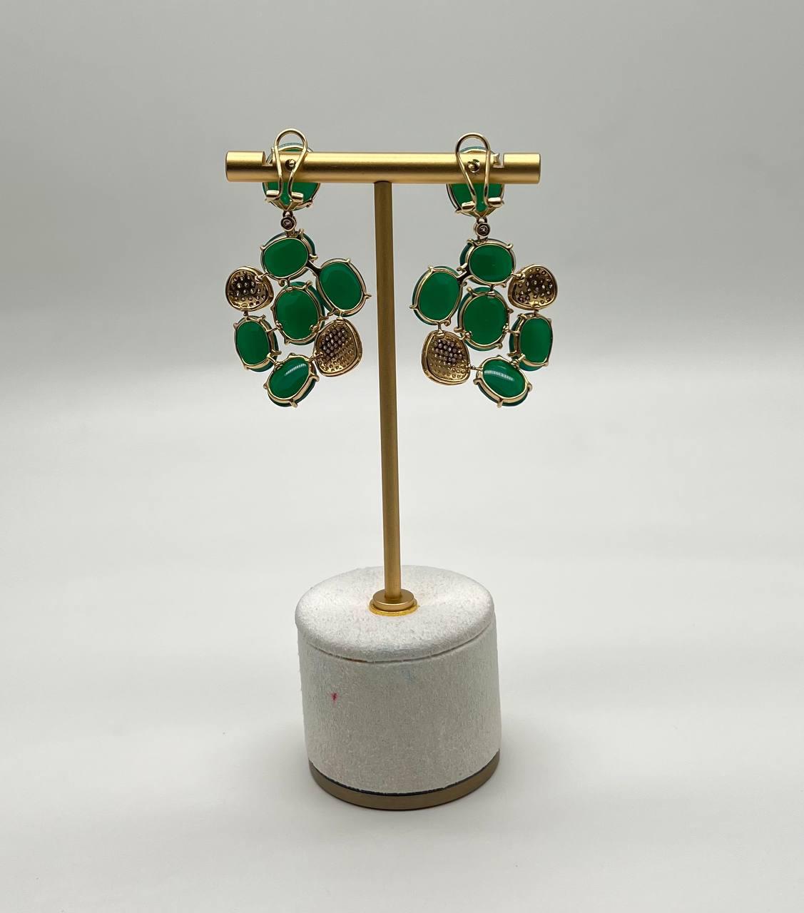 Dark Green Agate Brown Champagne Diamond Pave 14K Gold Statement Drop Earrings