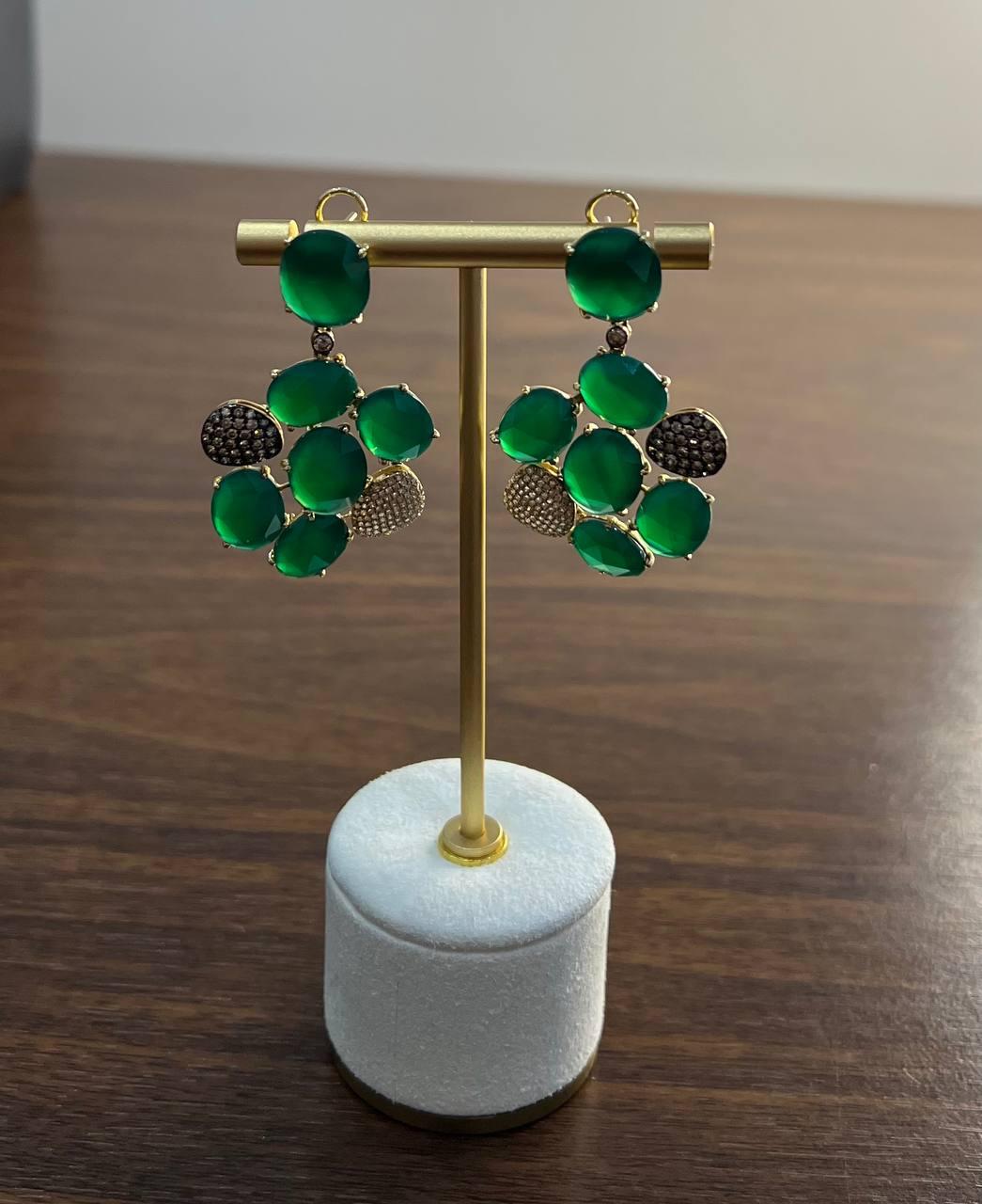 Dark Green Agate Brown Champagne Diamond Pave 14K Gold Statement Drop Earrings