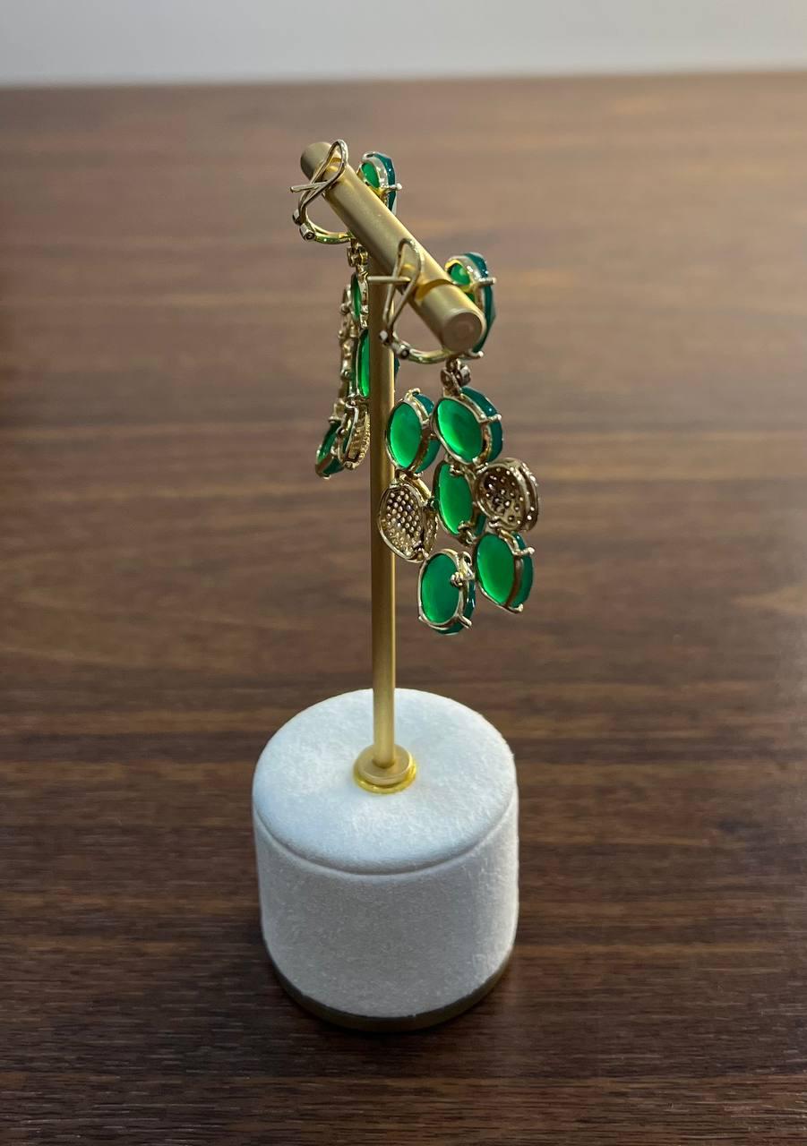 Dark Green Agate Brown Champagne Diamond Pave 14K Gold Statement Drop Earrings