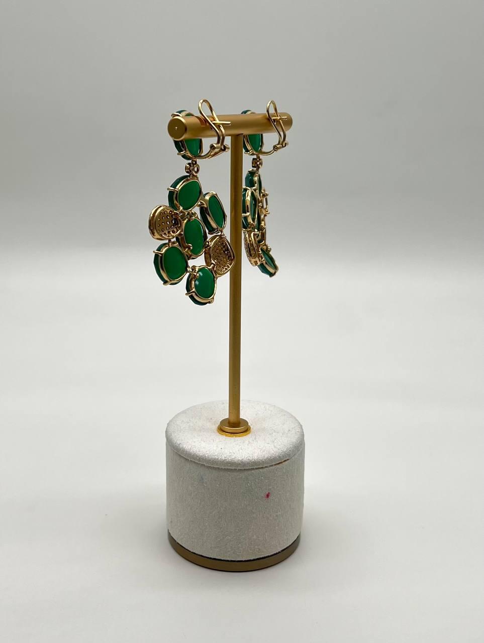 Dark Green Agate Brown Champagne Diamond Pave 14K Gold Statement Drop Earrings