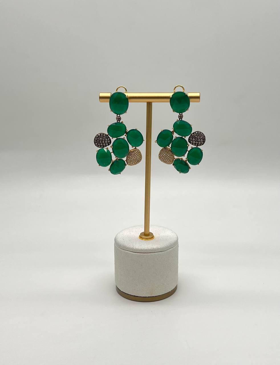 Dark Green Agate Brown Champagne Diamond Pave 14K Gold Statement Drop Earrings