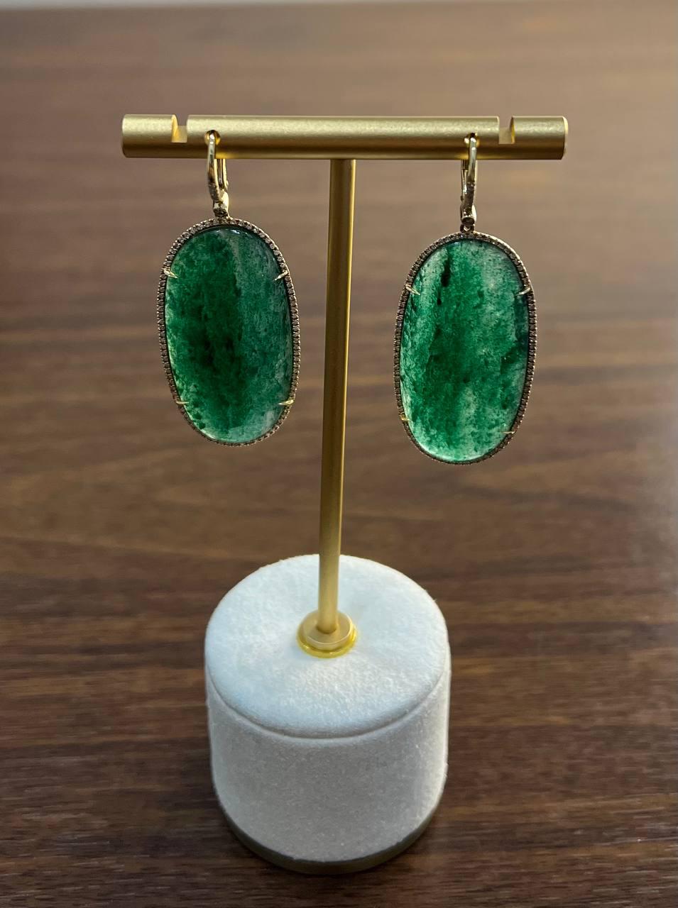 Oval Shape Green Aventurine Brown Diamond Halo 14K Yellow Gold Dangle Earrings