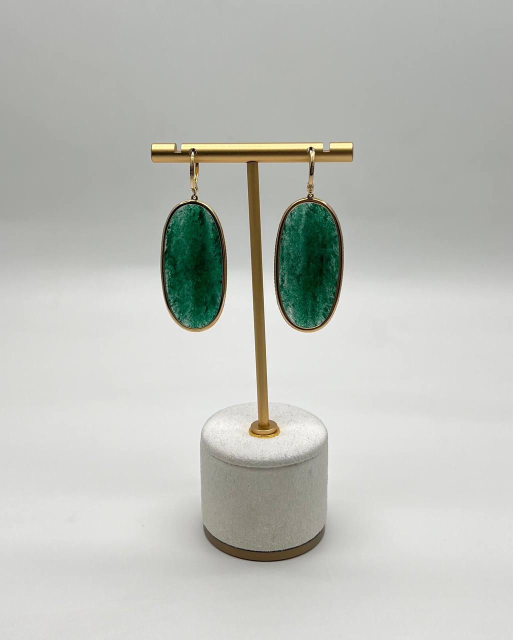 Oval Shape Green Aventurine Brown Diamond Halo 14K Yellow Gold Dangle Earrings