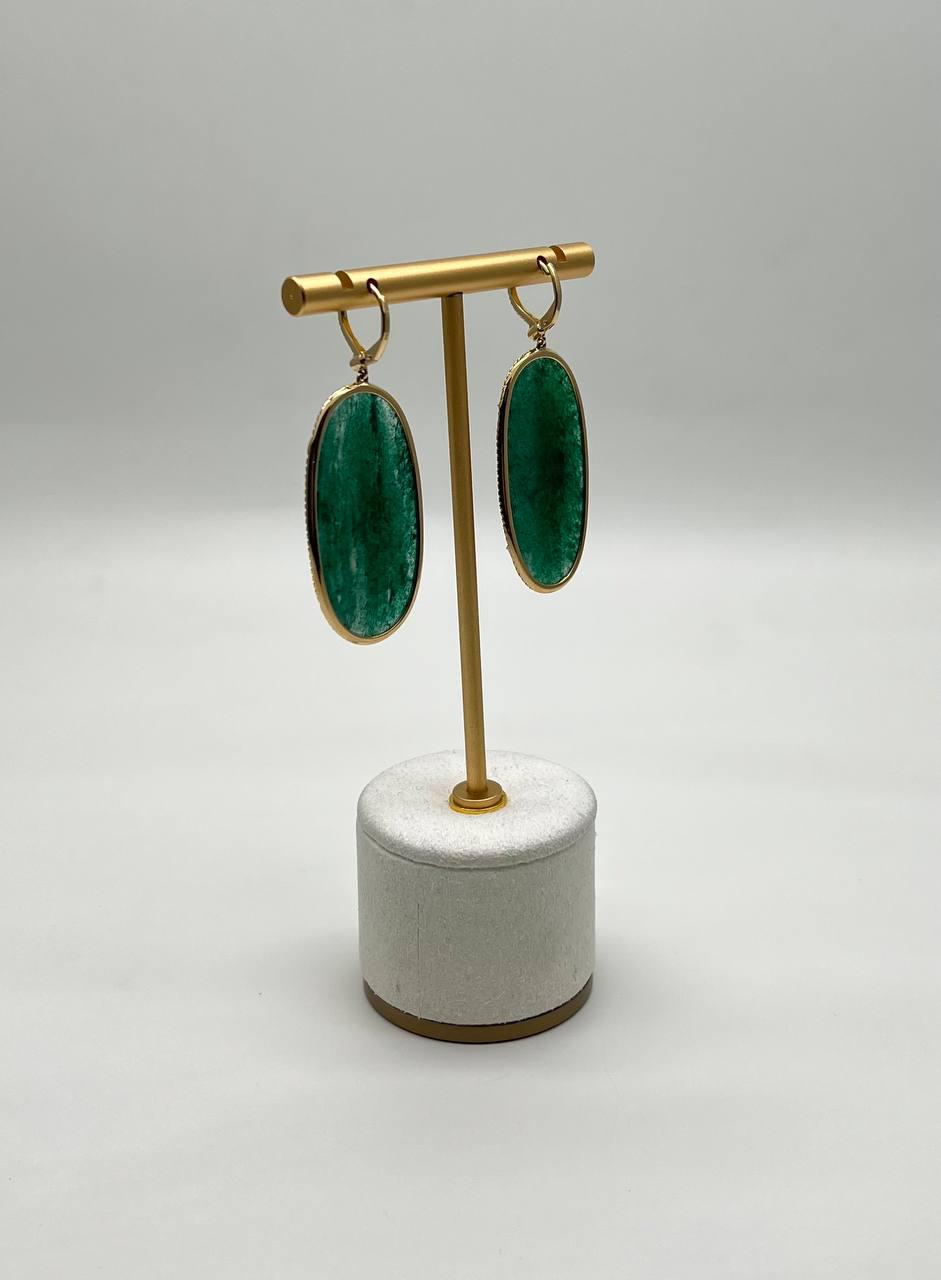 Oval Shape Green Aventurine Brown Diamond Halo 14K Yellow Gold Dangle Earrings