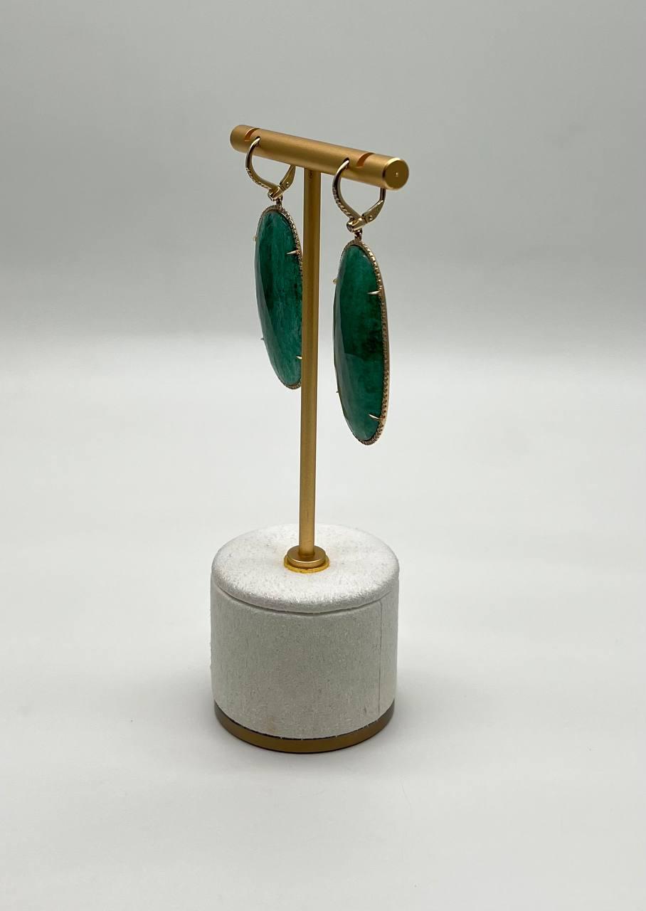 Oval Shape Green Aventurine Brown Diamond Halo 14K Yellow Gold Dangle Earrings