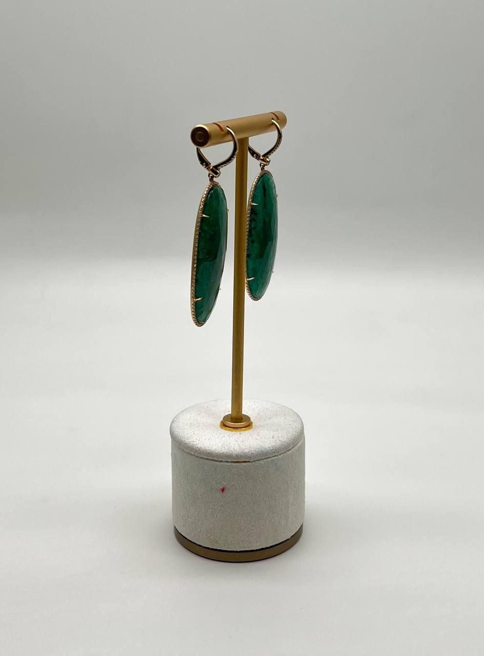 Oval Shape Green Aventurine Brown Diamond Halo 14K Yellow Gold Dangle Earrings