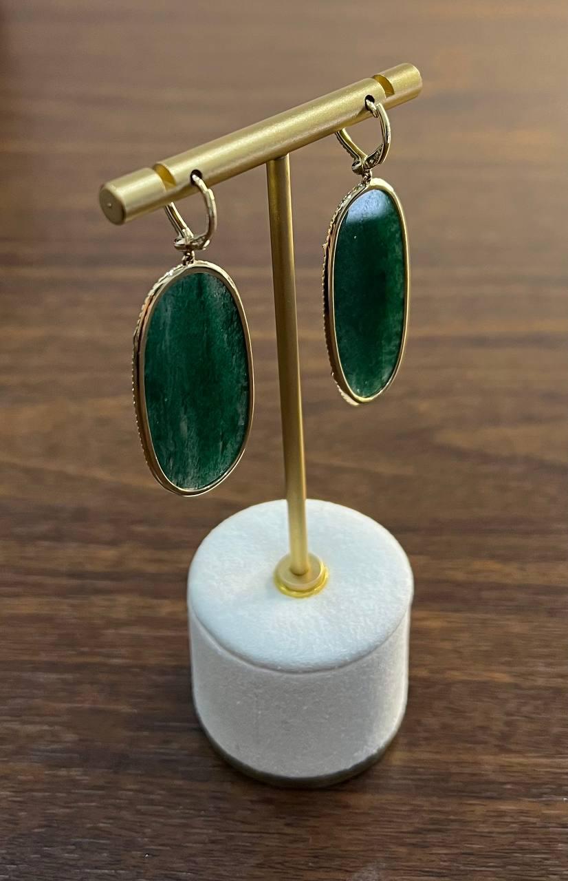 Oval Shape Green Aventurine Brown Diamond Halo 14K Yellow Gold Dangle Earrings