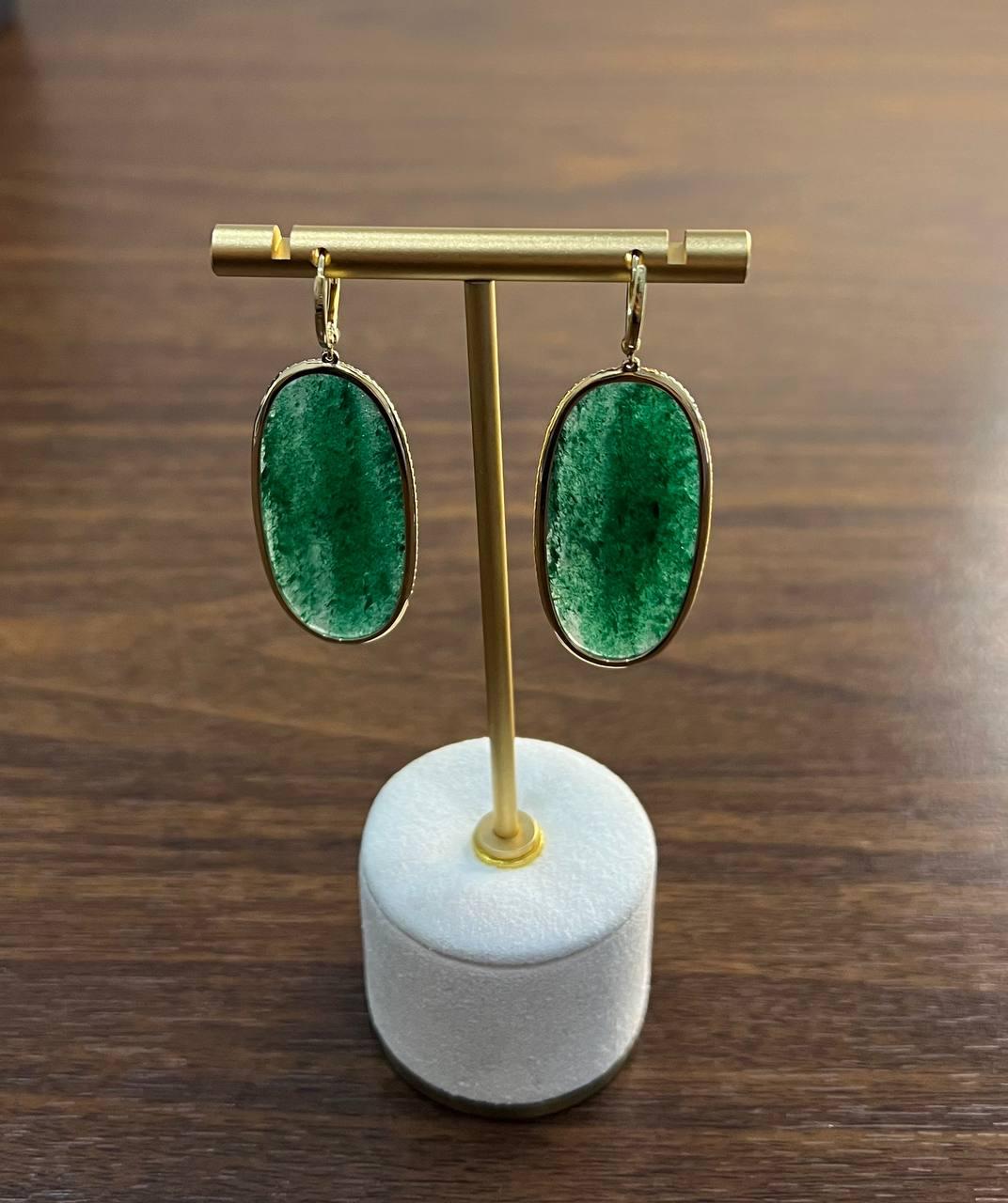 Oval Shape Green Aventurine Brown Diamond Halo 14K Yellow Gold Dangle Earrings
