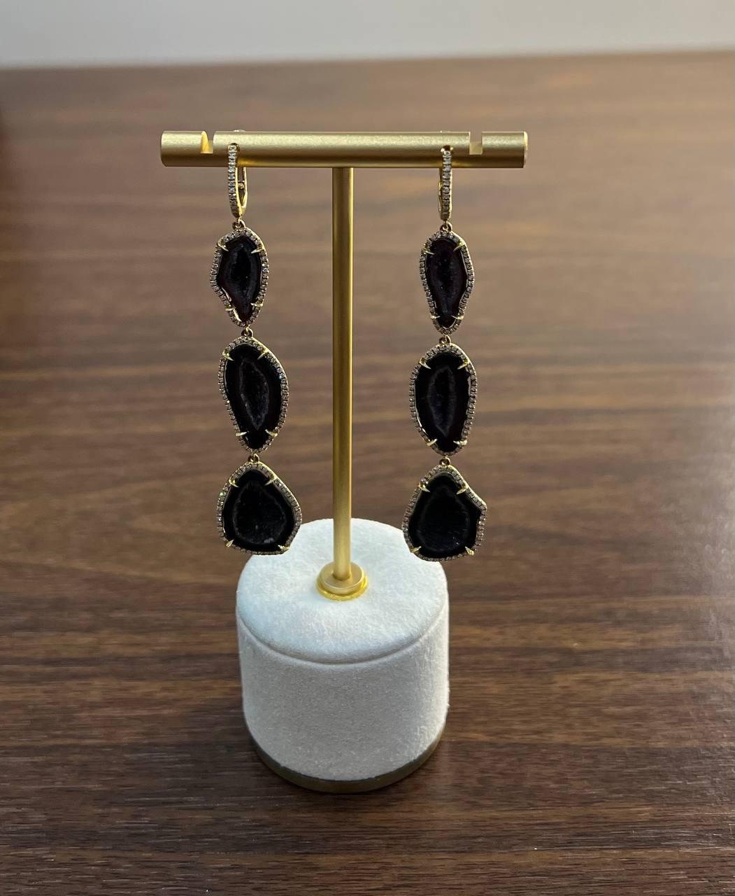 Free Shape Brown Black Druzy Quartz Crystal Diamonds 18K Yellow Gold Earrings