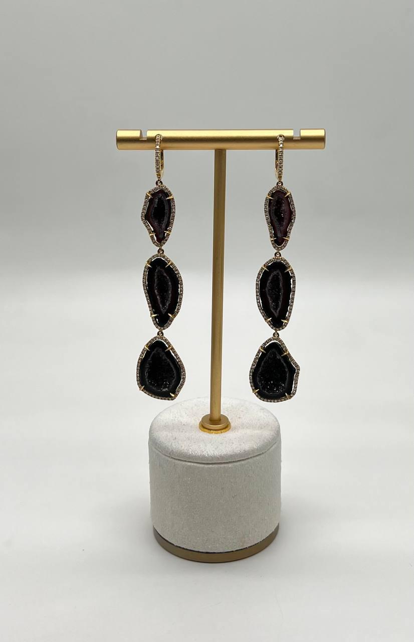 Free Shape Brown Black Druzy Quartz Crystal Diamonds 18K Yellow Gold Earrings