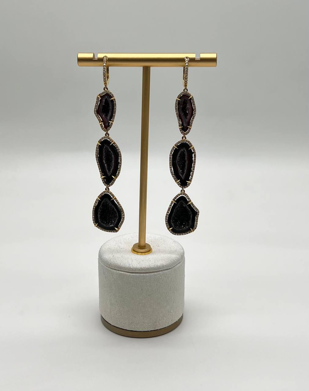 Free Shape Brown Black Druzy Quartz Crystal Diamonds 18K Yellow Gold Earrings