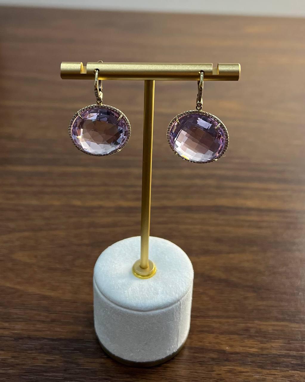 Violet Pink Amethyst Diamonds Halo Set 14K Yellow Gold Drop Unique Earrings