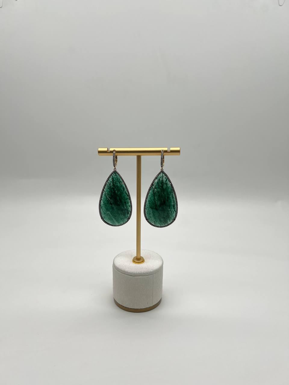 Pear Shape Green Aventurine Brown Diamond Halo 14K Yellow Gold Dangle Earrings