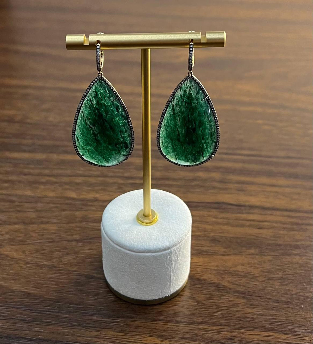 Pear Shape Green Aventurine Brown Diamond Halo 14K Yellow Gold Dangle Earrings