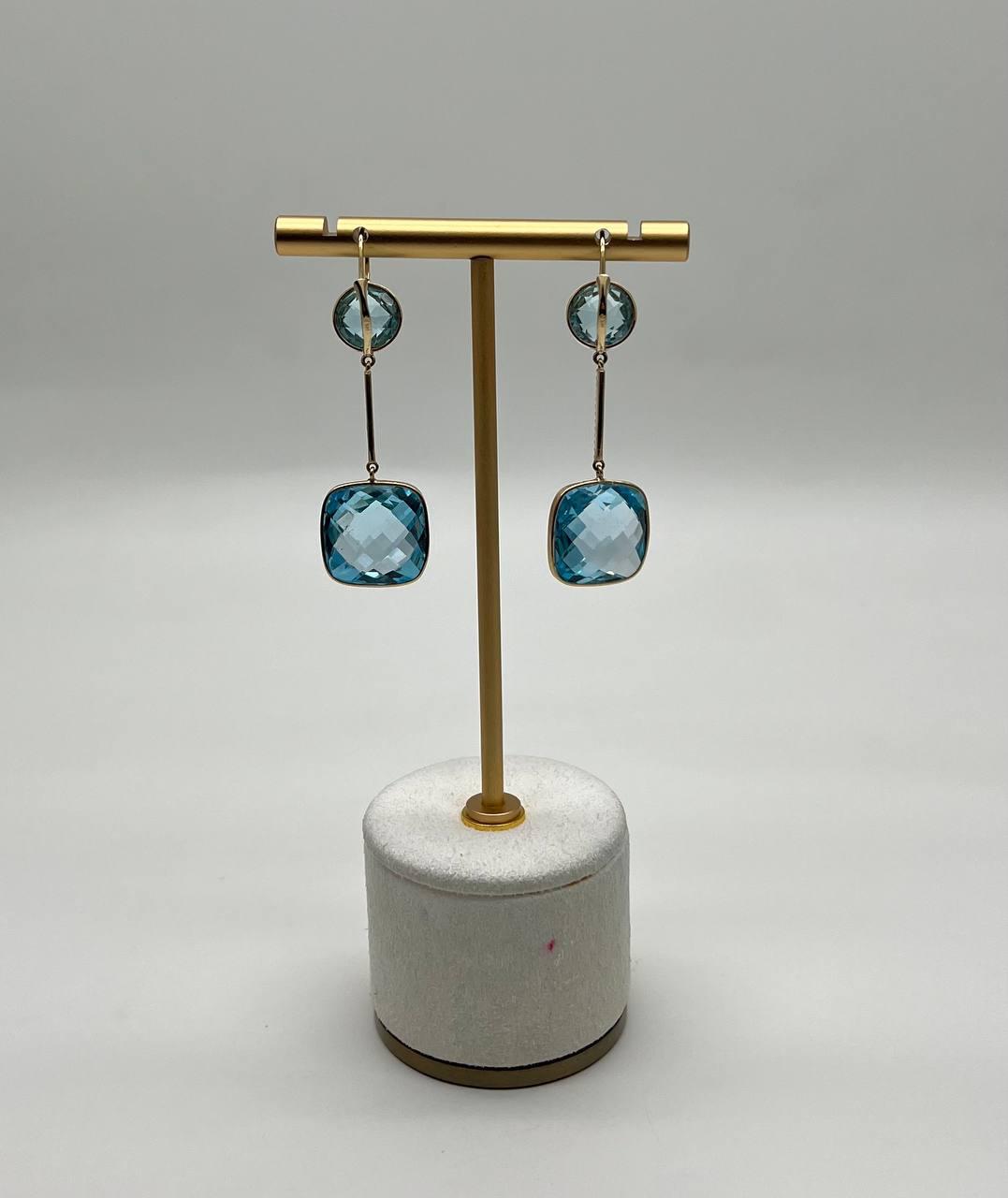 Round Cushion Shape Blue Topaz Diamonds Drop 14K Gold Statement Earrings