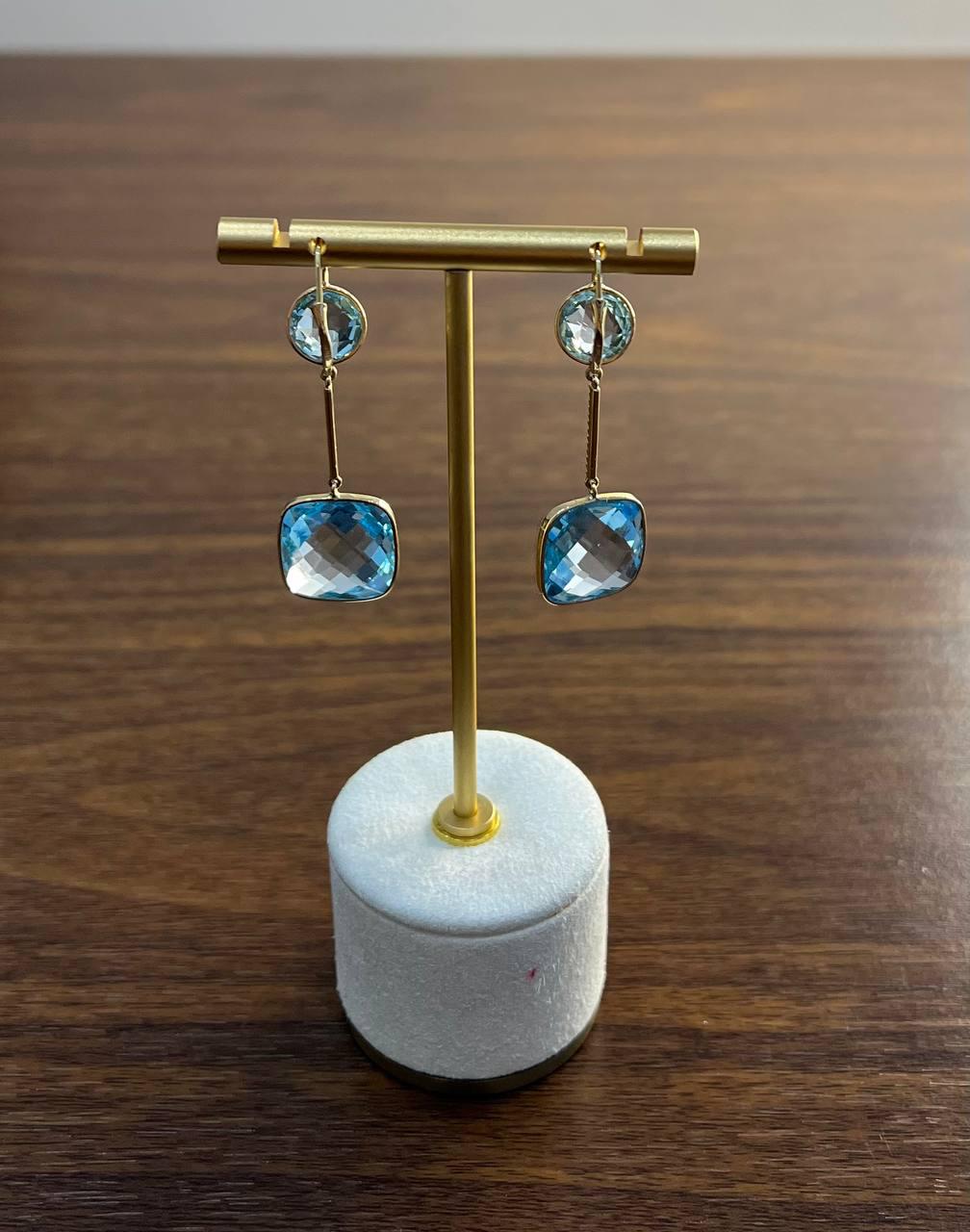 Round Cushion Shape Blue Topaz Diamonds Drop 14K Gold Statement Earrings