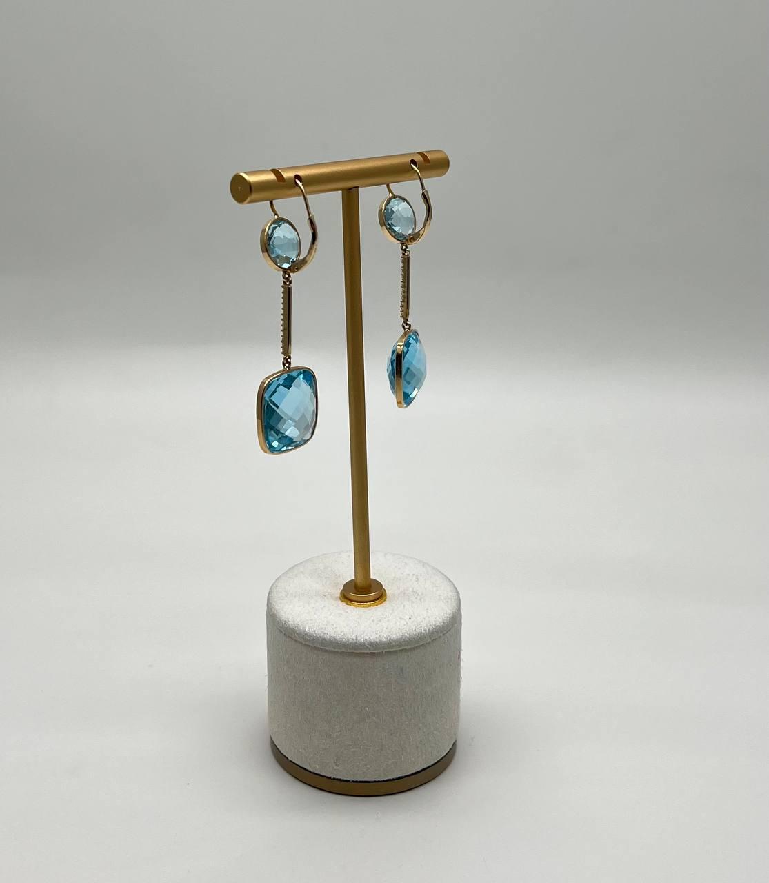 Round Cushion Shape Blue Topaz Diamonds Drop 14K Gold Statement Earrings